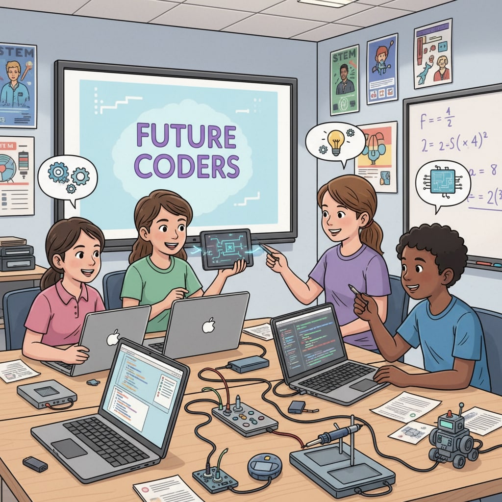 K12 students collaborating on a technology project, related to carreras universitarias, tecnología de la información, and perspectivas laborales