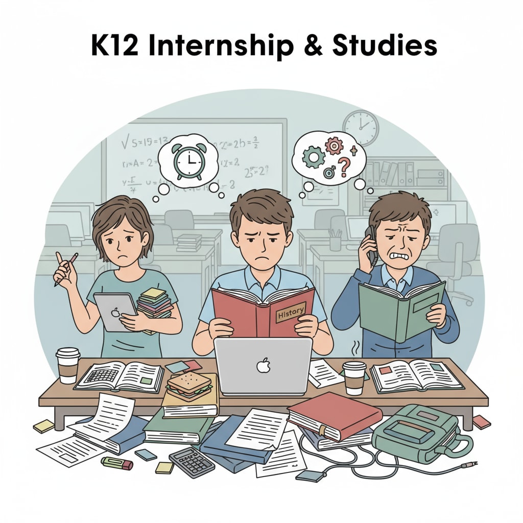 A group of K12 students are seen looking stressed as they try to manage internship tasks and study materials simultaneously. K12 students struggling with internship workload and academic pressure while aiming for work-life balance