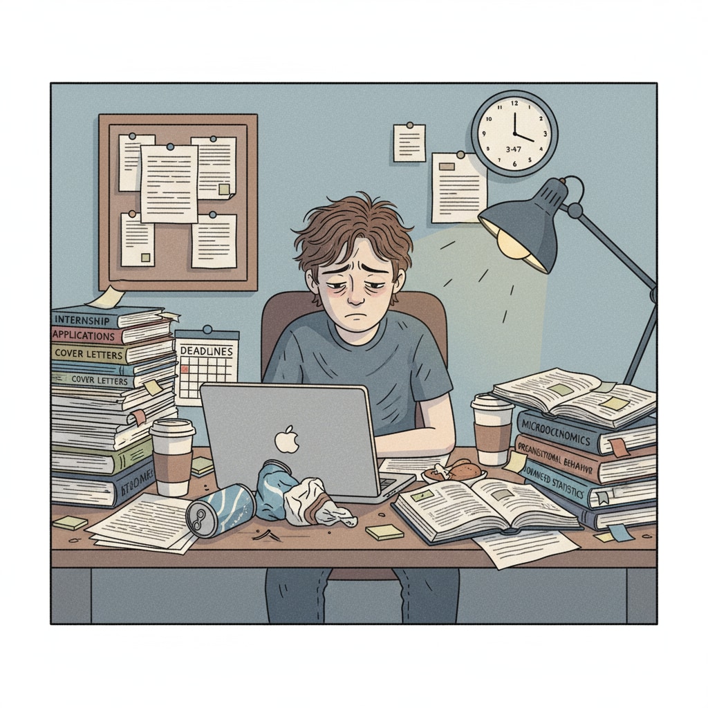 A single student is shown looking tired and stressed at a desk filled with internship papers and textbooks. A K12 student under pressure from internship and academic work in need of work-life balance