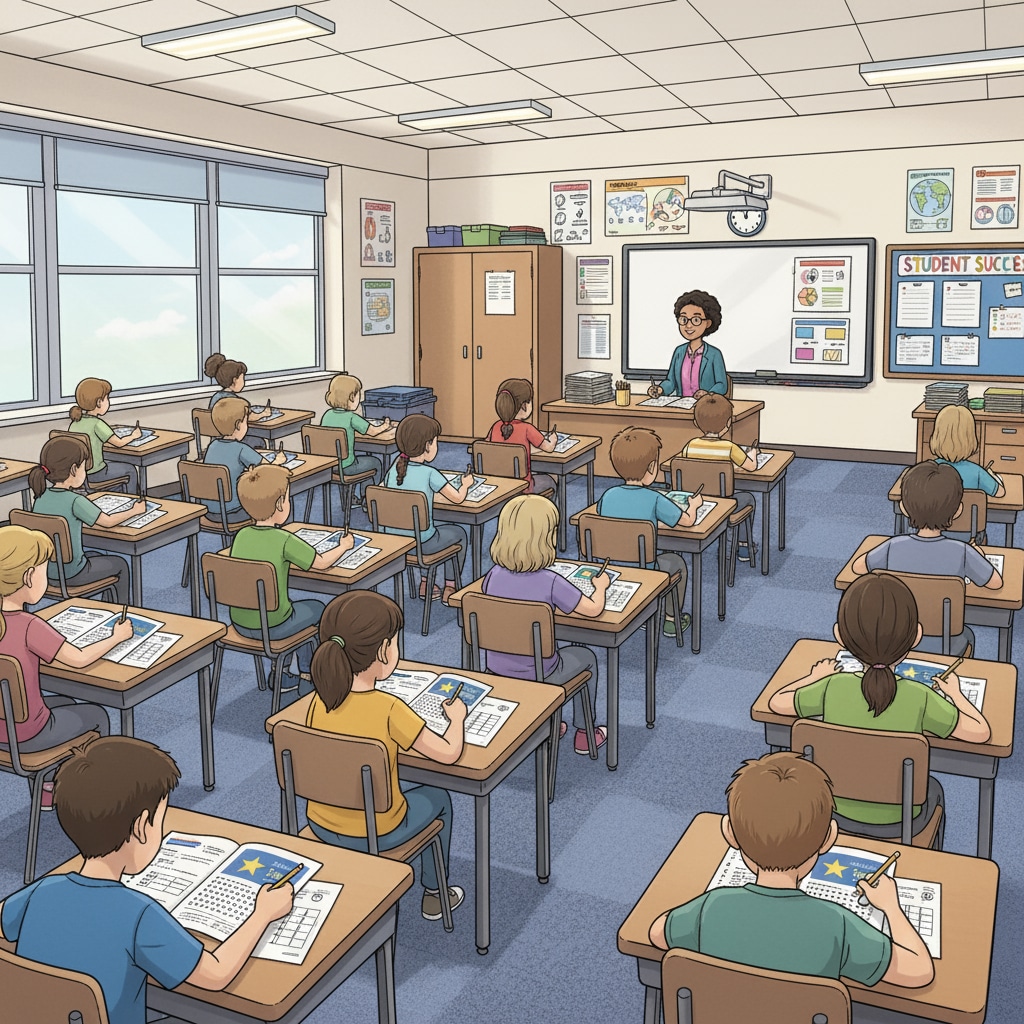 Students are sitting at desks, focused on taking the STAR test. There are test booklets and pencils in front of them. Students taking the STAR test in a classroom environment for educational assessment