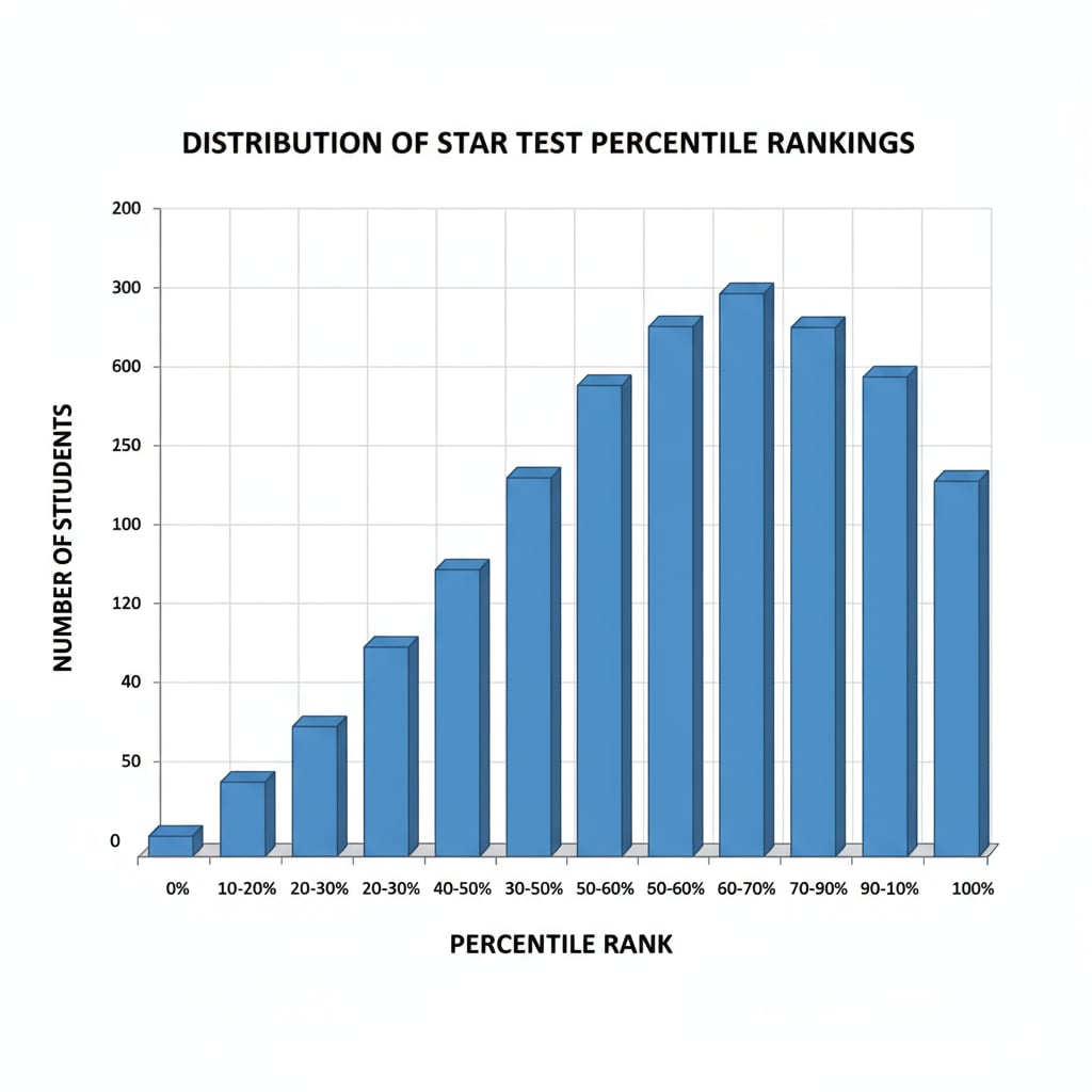 A graph with a horizontal axis labeled 'Percentile Rank' and a vertical axis showing the number of students. The graph depicts the distribution of percentile rankings for STAR test scores. Graph presenting the distribution of percentile rankings in STAR test scores for educational performance evaluation