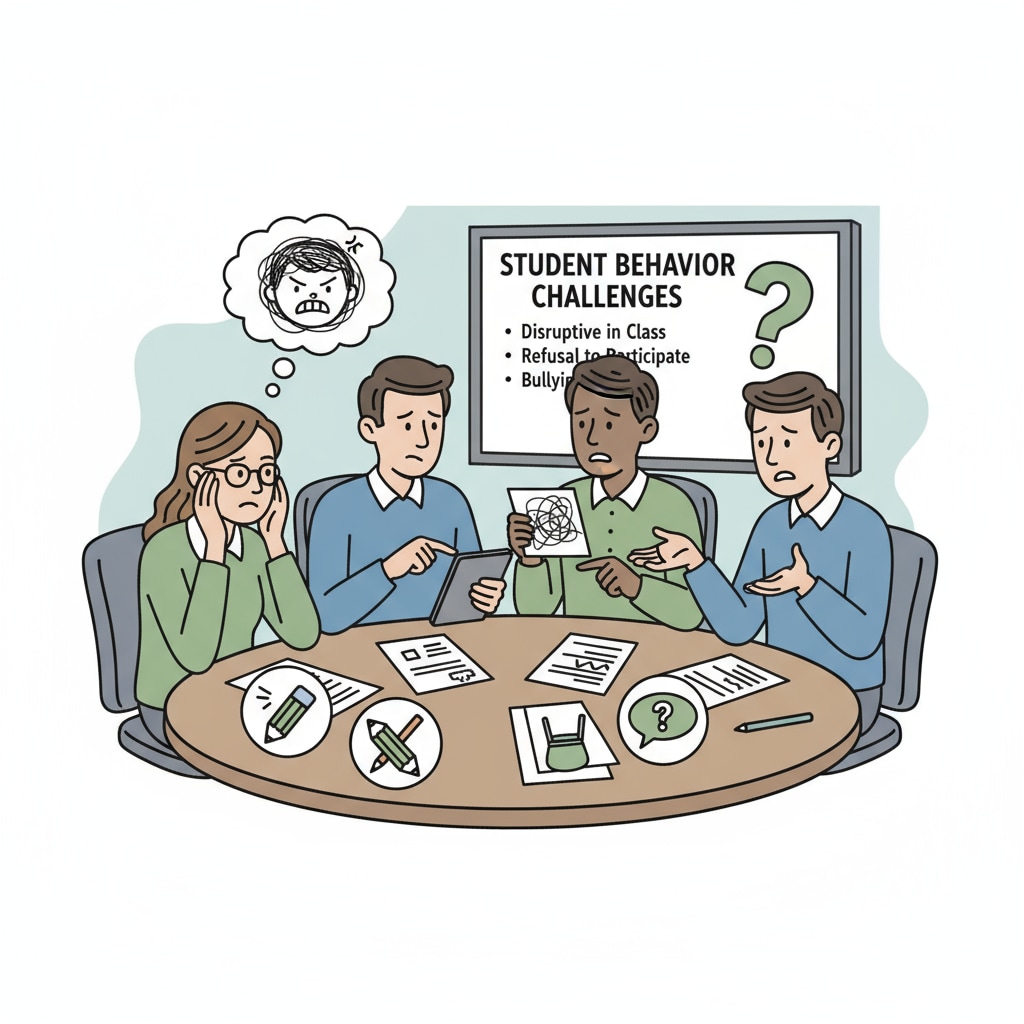 A group of teachers is gathered around a table, looking stressed as they discuss difficult student behavior problems. Teachers discussing student behavioral issues and showing signs of lack of support and workplace frustrations