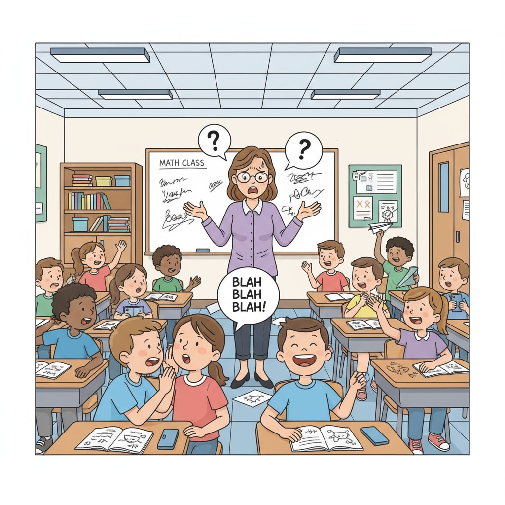 In a classroom, several students are misbehaving, talking loudly, and not paying attention. The teacher is standing at the front, looking worried and frustrated. Students misbehaving in a classroom, causing workplace frustrations for the teacher due to lack of support in handling behavioral issues