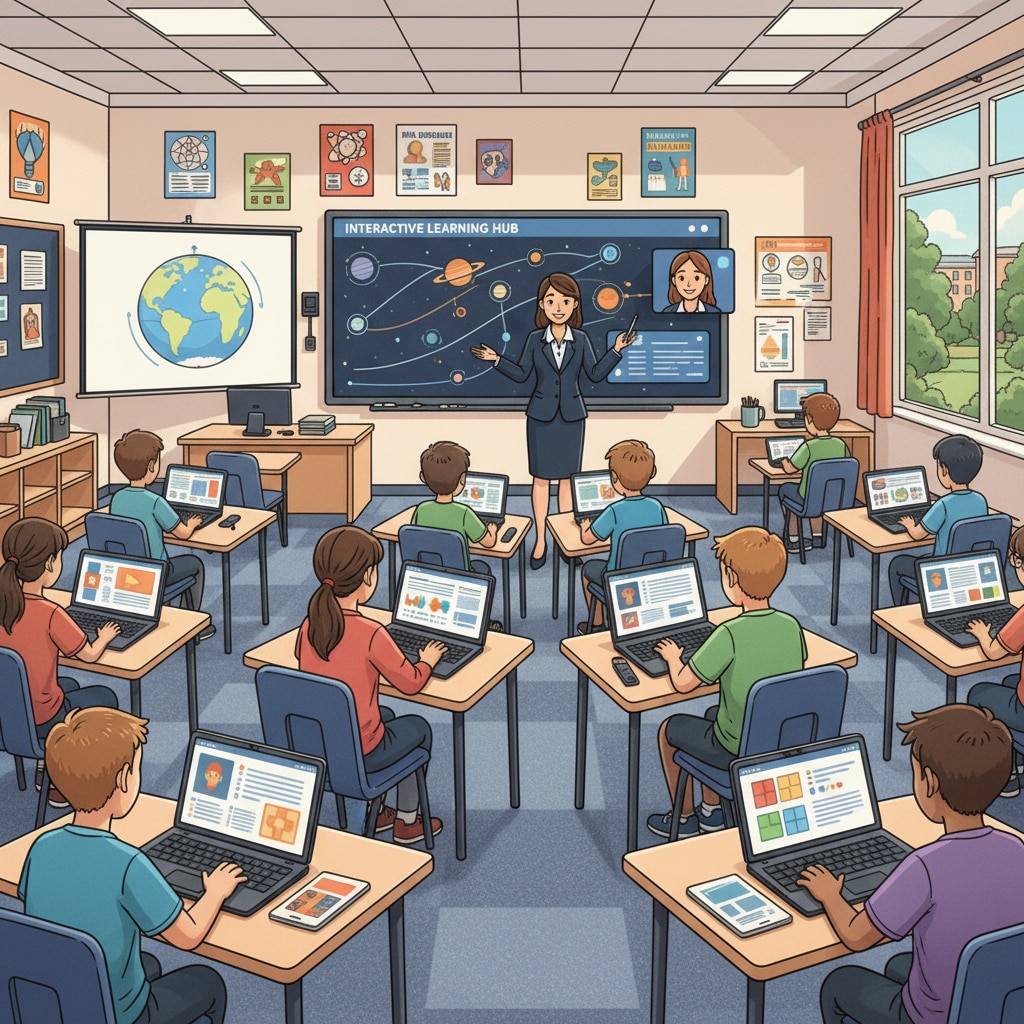 Classroom scene with students using educational technology for learning