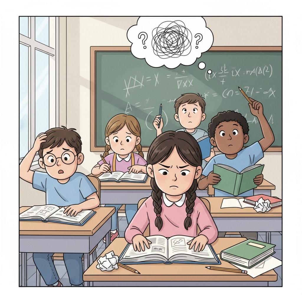 A group of K12 students sitting in a classroom, looking somewhat confused K12 students showing signs of self-doubt in a classroom