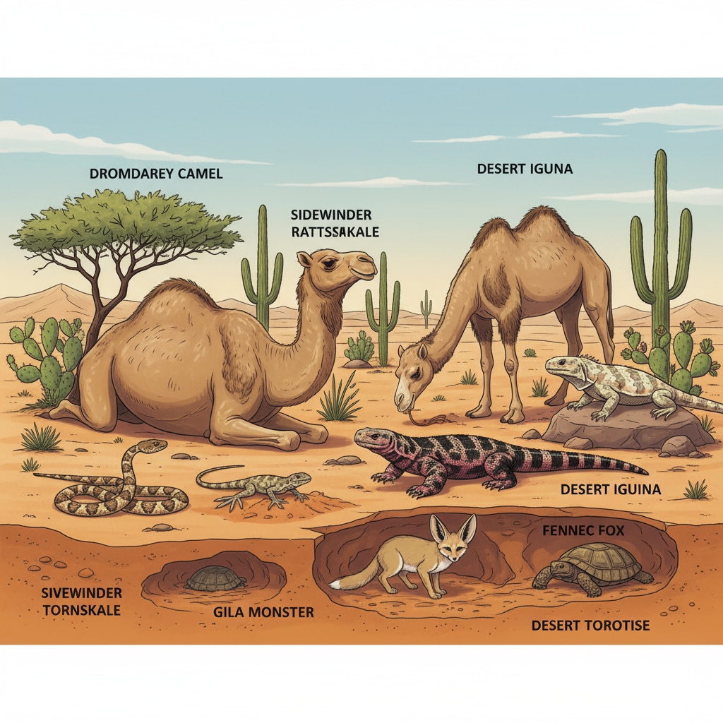 A group of desert animals such as camels, snakes, and lizards in their natural desert habitat Desert animals showing their survival adaptations and evolutionary traits in their natural environment