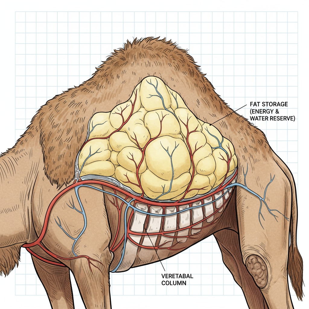 A close-up of a camel's hump and its unique body structure Close-up view of a camel's physical adaptations for survival in the desert