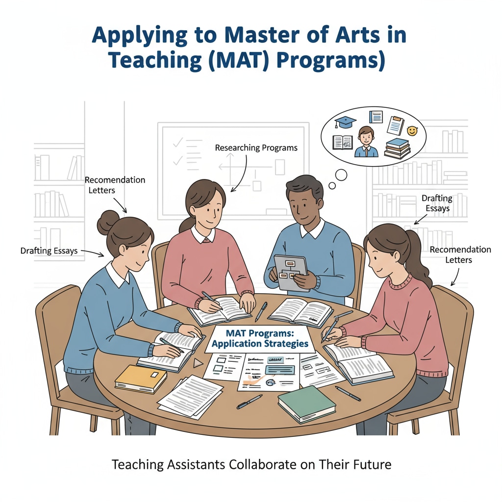 A group of teaching assistants are sitting around a table, discussing their plans to apply for MAT programs, with papers and pens in front of them. Teaching assistants discussing MAT program applications