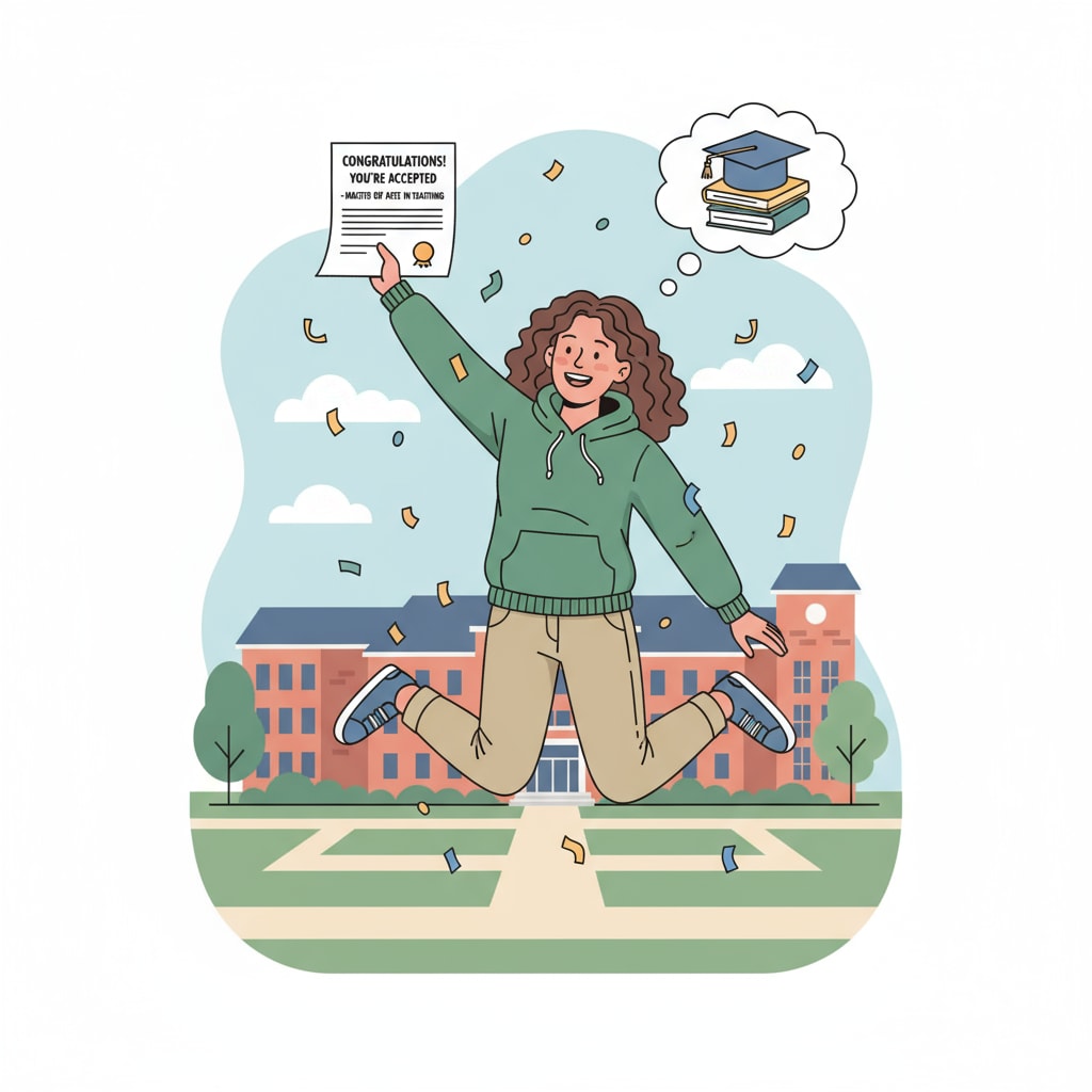 A teaching assistant is jumping up and down with joy, holding an acceptance letter from an MAT program, celebrating their successful application. Teaching assistant celebrating after being accepted into an MAT program
