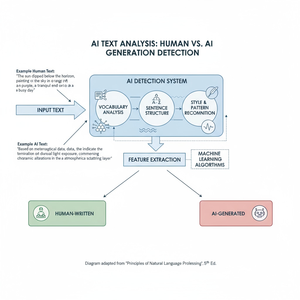 A diagrammatic representation of how an AI detection system analyzes various elements of text, including vocabulary, sentence structure, and style to identify if it's AI - generated or human - written. How an AI detection system works to detect AI - generated content among student assignments