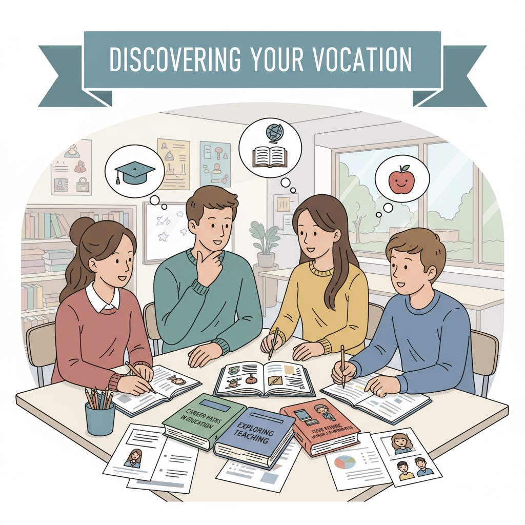 A group of high school students are engaged in a discussion about their future career aspirations in an educational environment. They are sitting around a table, looking at books and papers related to different career options, with a particular focus on teaching. High school students discussing teacher career planning, college application, and education major options