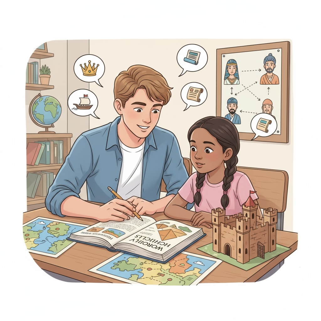 A young student is volunteering as a tutor, patiently explaining historical events to a younger student. The tutor is using a textbook and some visual aids to make the lesson more engaging. Student volunteering as a tutor for education practical experience related to teacher career planning, college application, and education major