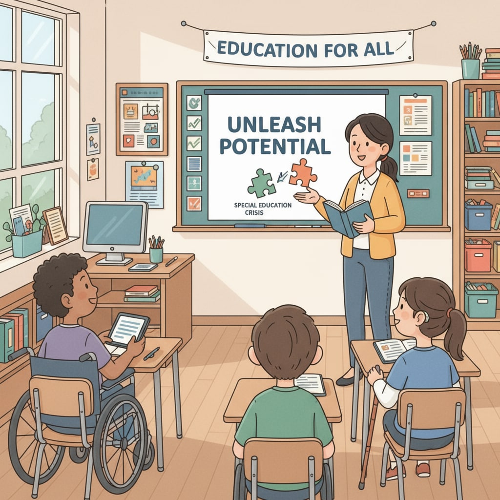 A group of disabled students in a special education classroom, looking at the teacher with hope. This represents the students' longing for a proper education in the face of the special education crisis. Disabled students in a special education classroom during the government shutdown