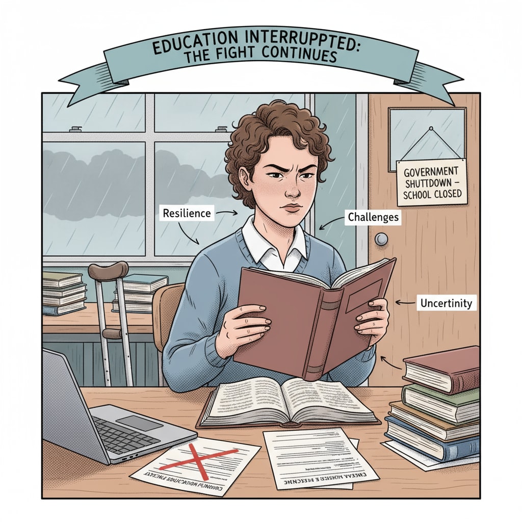 A disabled student sitting at a desk, reading a book with a determined expression. It shows the resilience of disabled students despite the challenges in special education during the government shutdown. A determined disabled student in a special education setting during the government shutdown