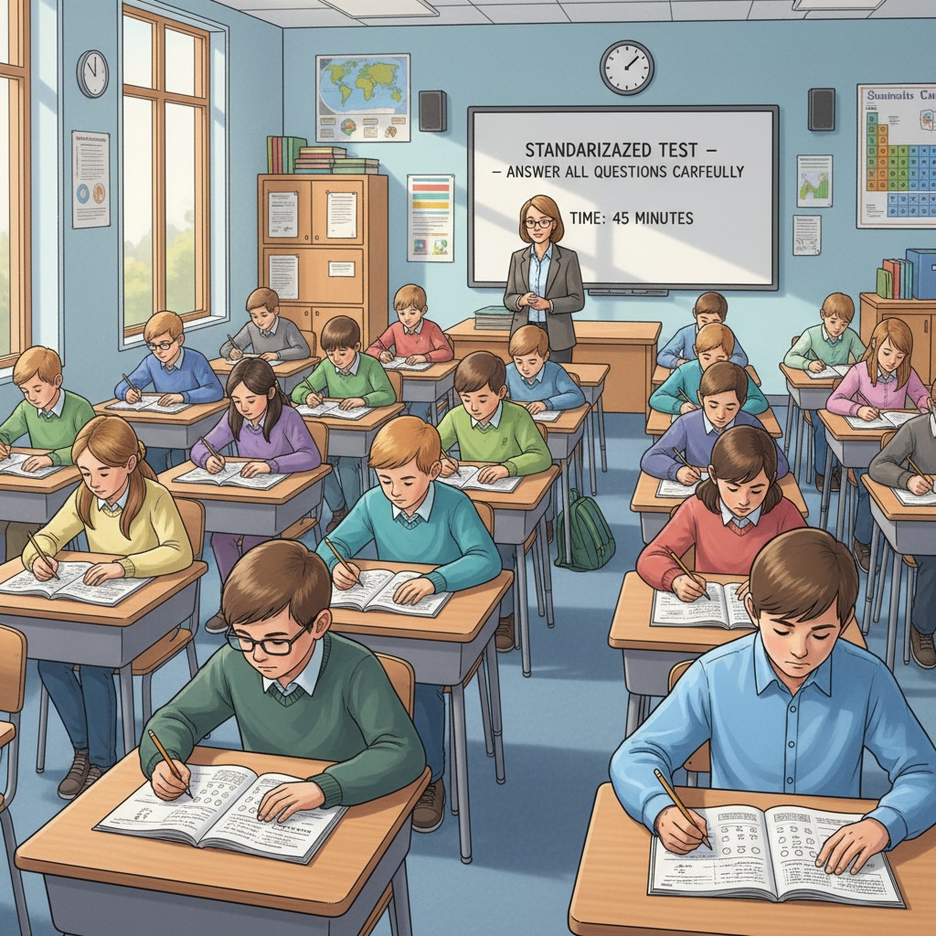 Students are sitting at desks, concentrating on answering questions on standardized tests in a classroom setting. Students taking standardized tests related to education allocation and 'No Child Left Behind' policy