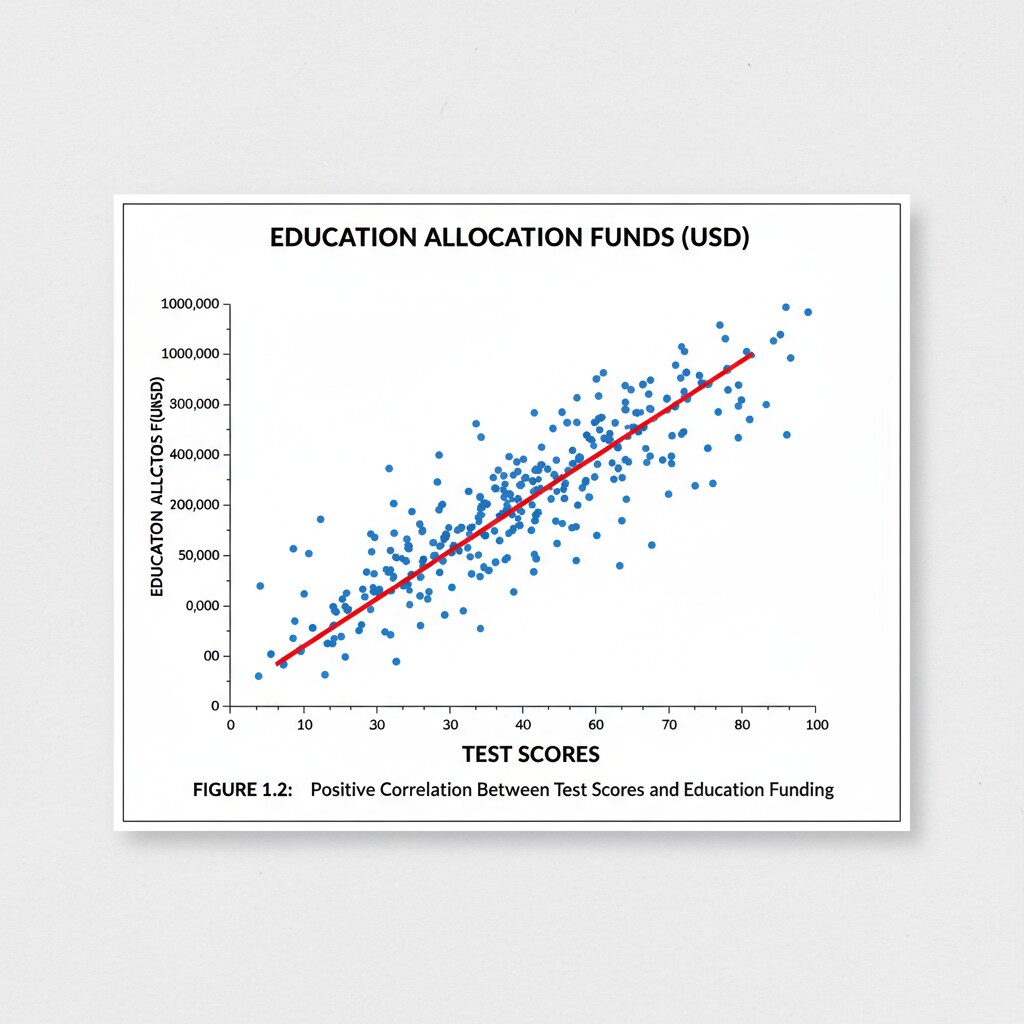 A graph with the x-axis representing test scores and the y-axis representing education allocation funds, showing a positive correlation. Graph depicting the connection between test scores and education allocation relevant to 'No Child Left Behind'
