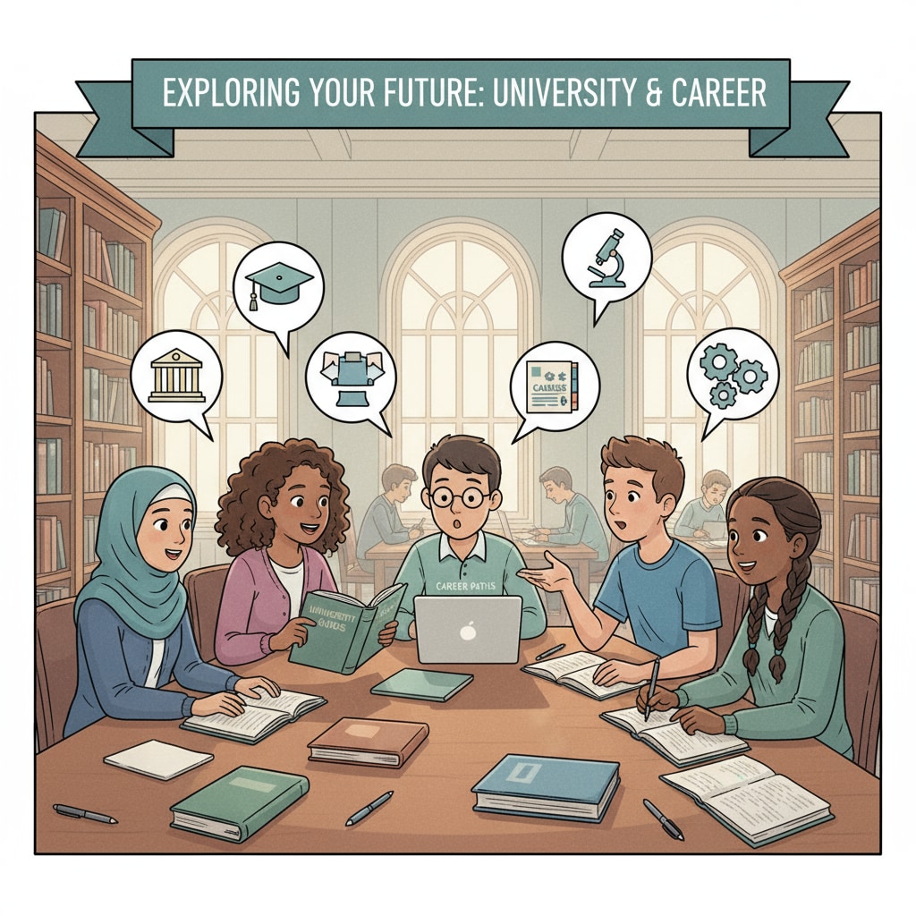 A group of high school students are sitting around a table in the library, looking at books and discussing their future plans for university and careers. High school students discussing university and career plans in the library