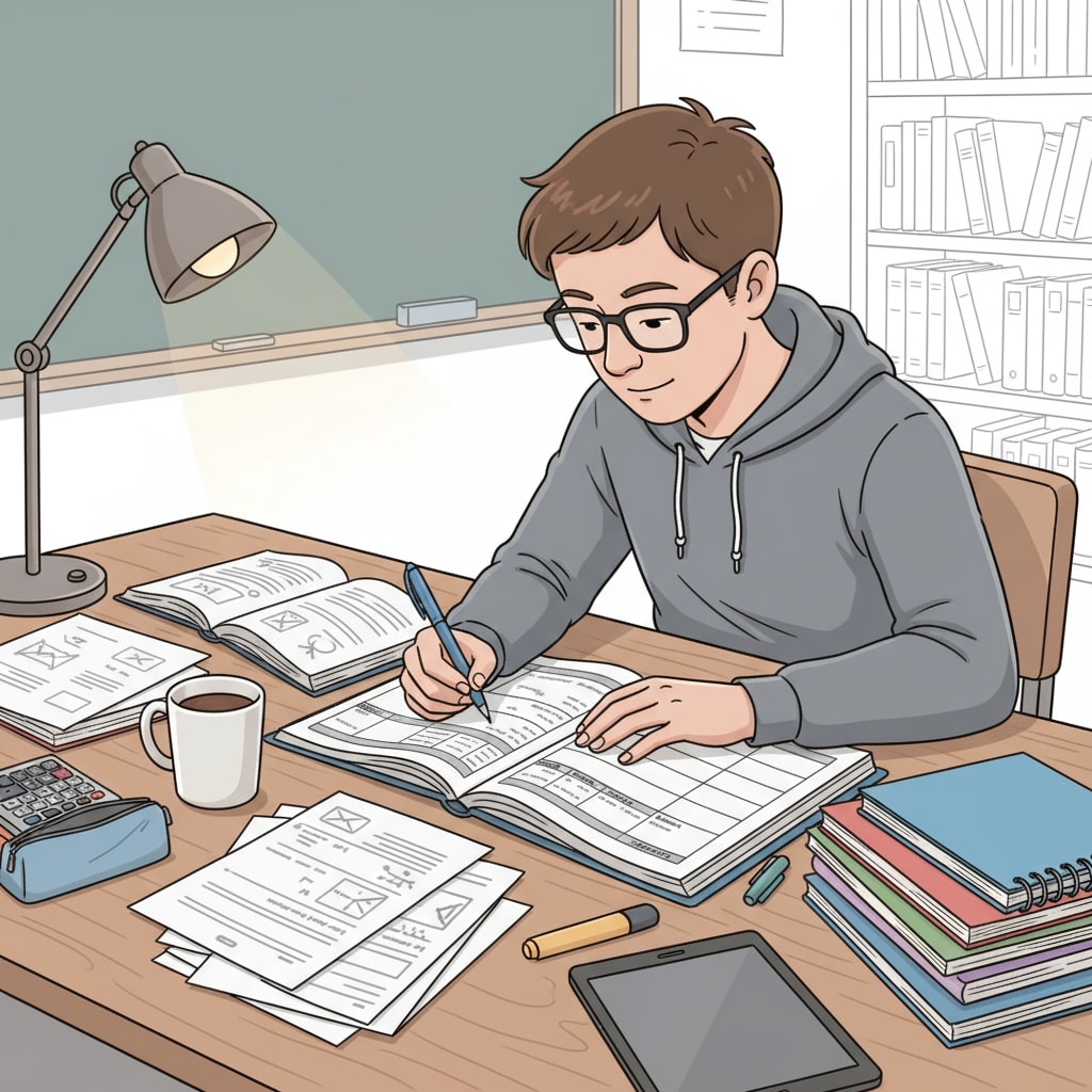 A student is sitting at a desk, writing a study schedule with a pen, with books and papers spread out around. Student making a study schedule for academic success