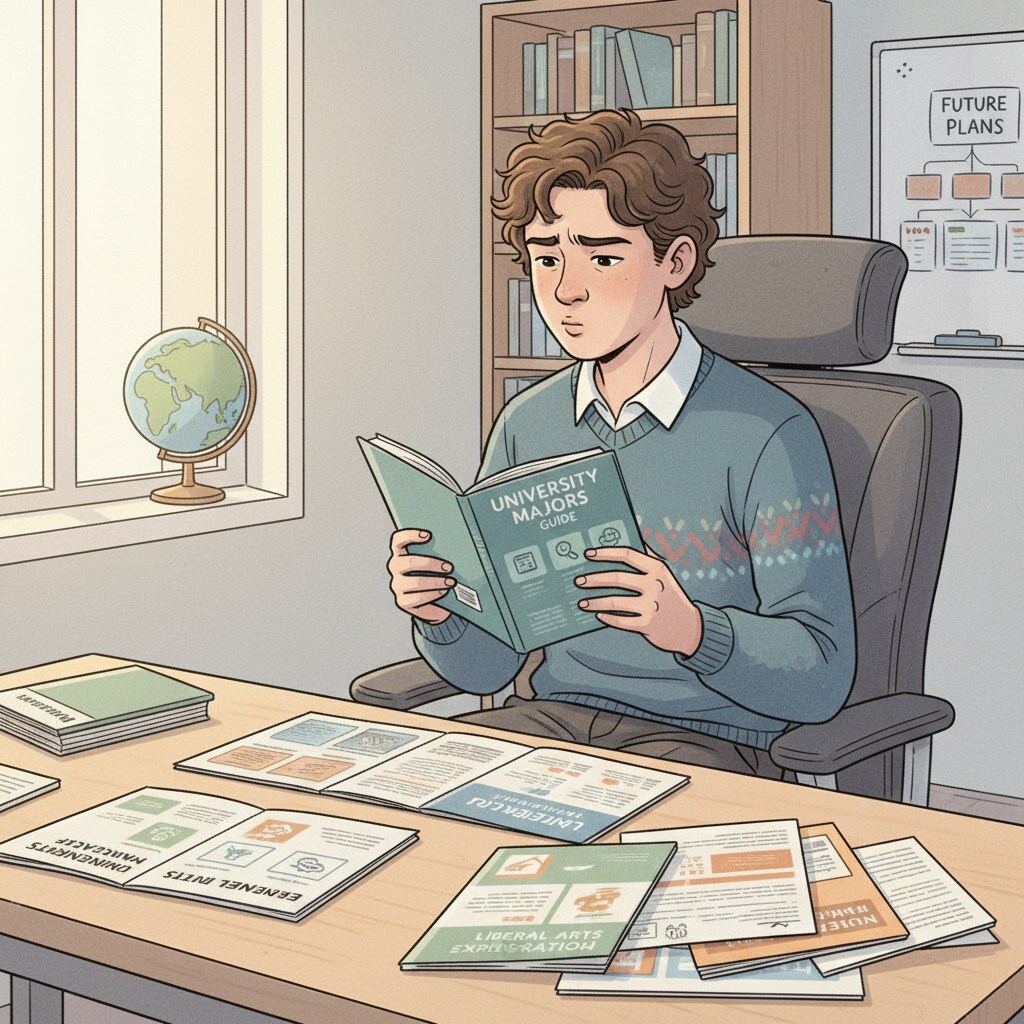 A student is sitting in a chair, looking through brochures about different university majors, with a thoughtful expression. Student looking at different major brochures to make a decision