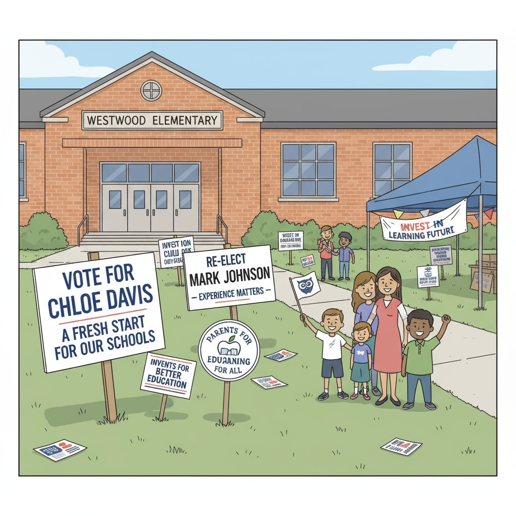 A scene of a school board election campaign with various posters and signs placed around, showing the competitive nature of the election. School board election campaign scene related to issues of campaign violence and political civility