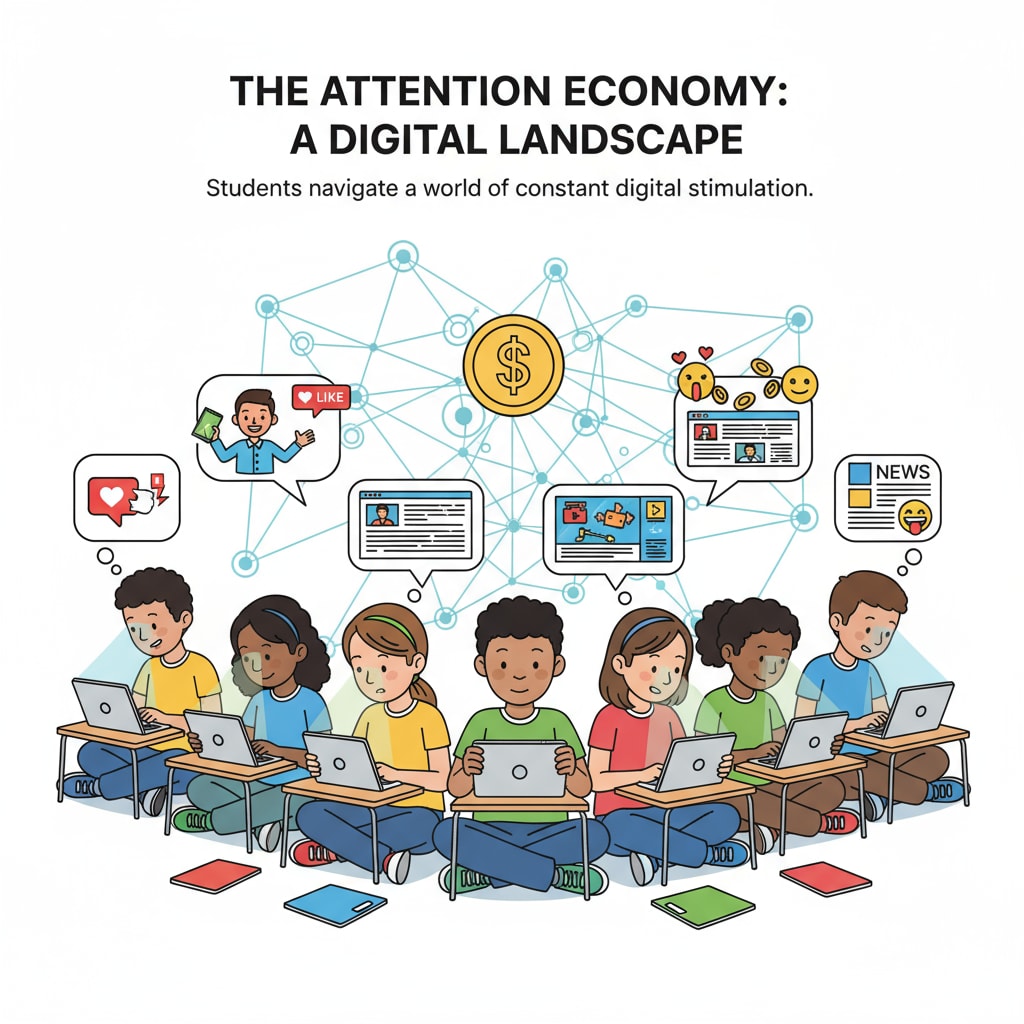 A group of K12 students sitting in front of digital devices, looking at various online content, depicting the current digital environment where students are exposed to the attention economy. K12 students in the digital attention economy environment