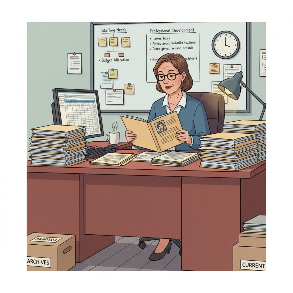 A school administrator is sitting at a desk, carefully reviewing employee files, which shows the complexity of personnel management in school administrative work. School administrator handling ethical issues in personnel management during leadership decisions in administrative management