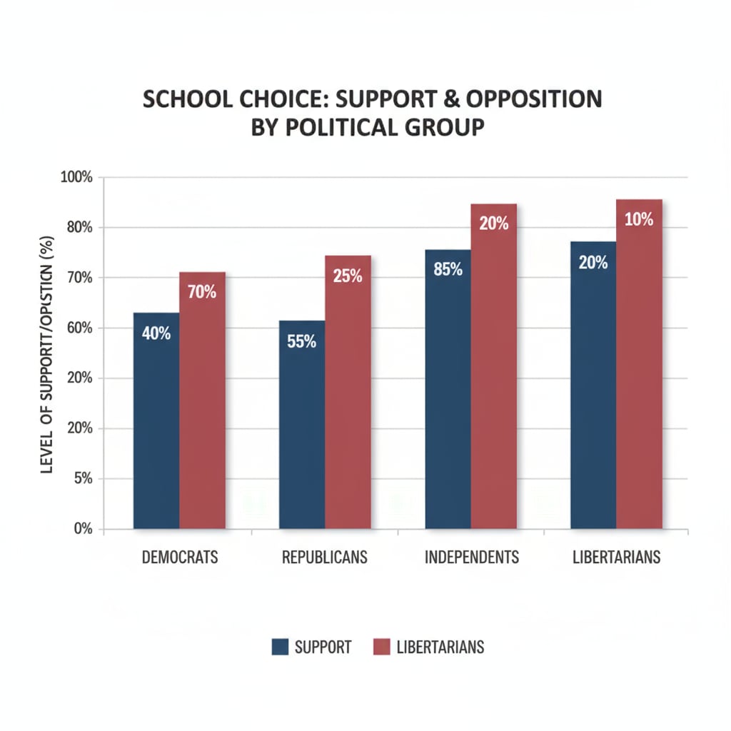 A graph presenting the contrasting views of different political groups regarding school choice, with bars showing the levels of support and opposition. Graph depicting political differences in views on school choice, related to school choice, political divide, and education policy