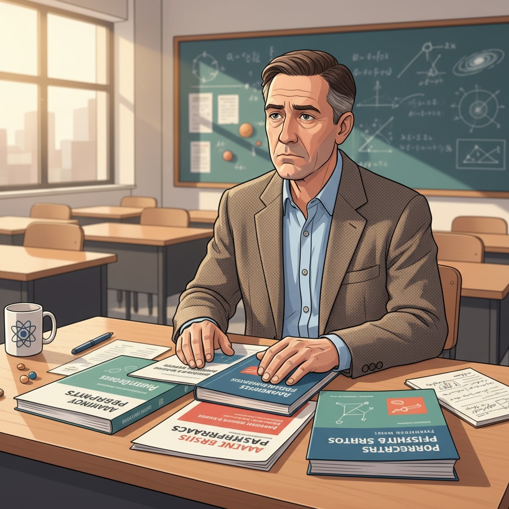 A physics teacher is sitting at a desk, carefully going through postgraduate course catalogs, reflecting on their choices to align with their professional goals. A physics teacher reviewing postgraduate course catalogs as part of their in-service postgraduate study journey