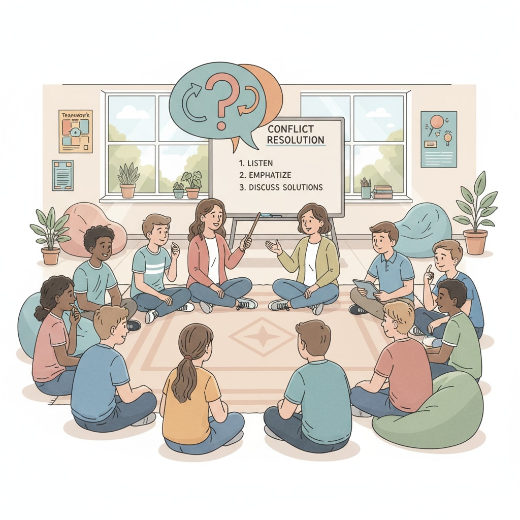 A group of students and teachers are sitting in a circle, having a serious discussion about how to resolve a conflict among them, with an open and inclusive atmosphere. Students and teachers engaged in restorative justice discussion for school implementation with educational resources