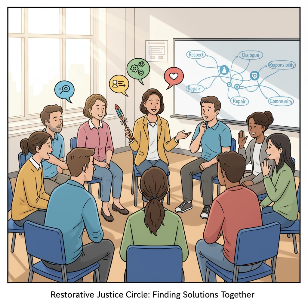 Students and teachers are actively participating in a restorative justice circle activity, showing their willingness to communicate and find solutions. Students and teachers involved in restorative justice circle for building a positive school environment with educational resources