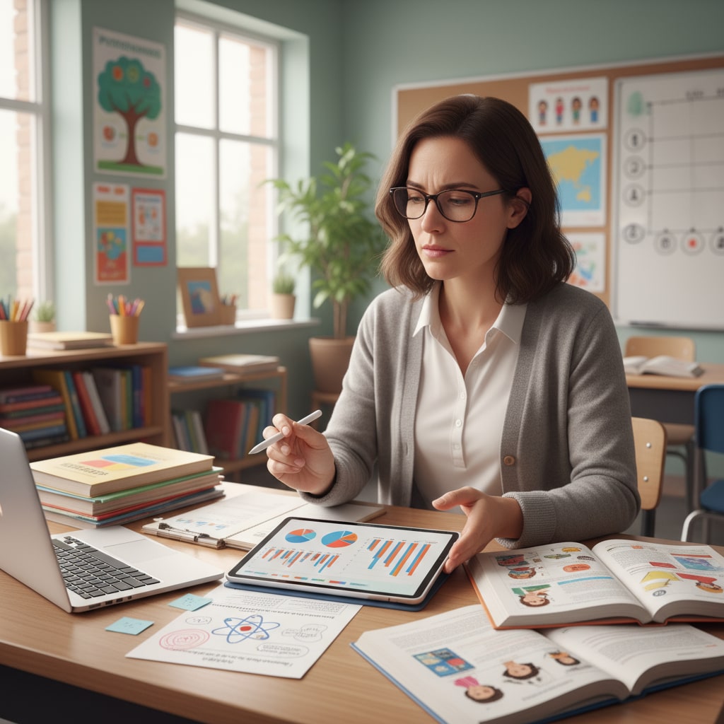 A teacher is carefully reviewing evaluation results to identify areas for improvement in teaching methods within a K12 educational setting. Teacher reviewing evaluation results for K12 education to address inequality