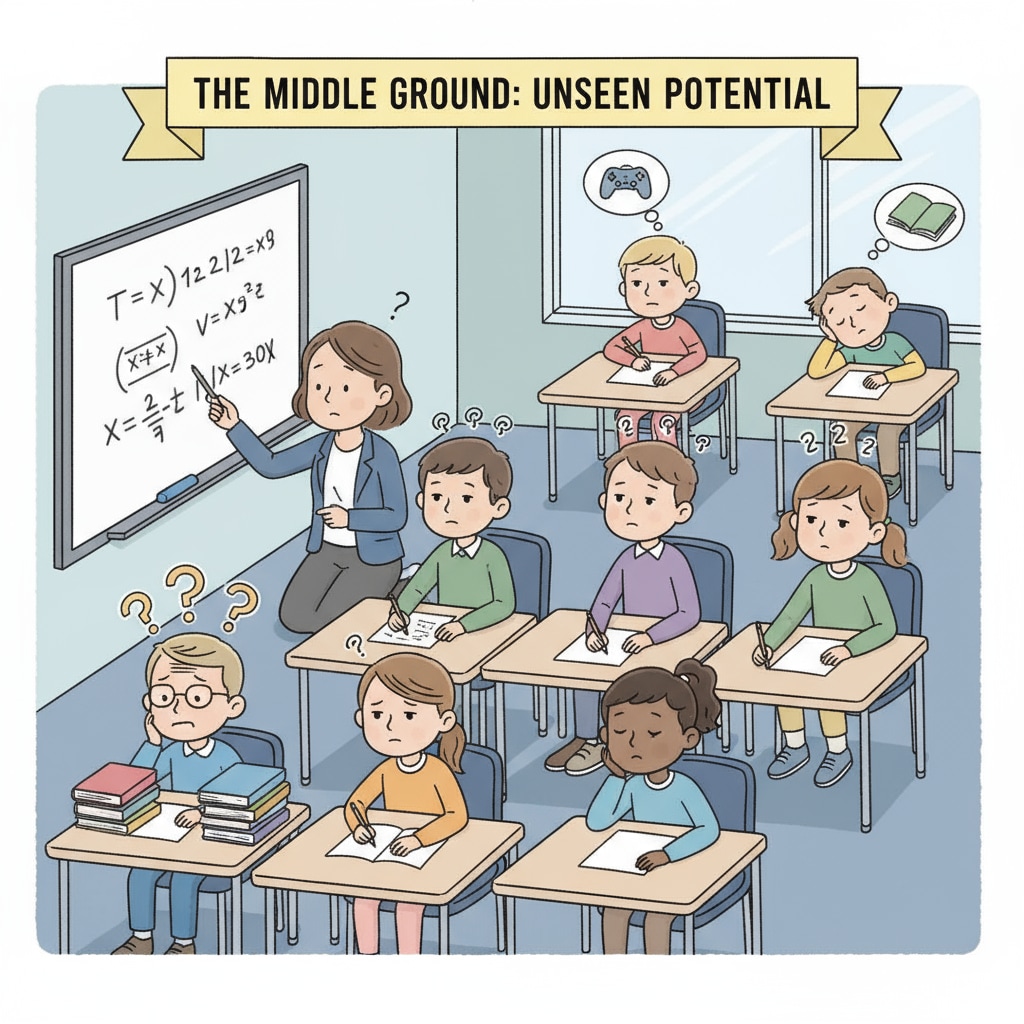 A classroom scene where students of different academic performance levels are sitting together, looking somewhat bored or disengaged, highlighting the lack of specific attention for middle-level students. Classroom scene showing the situation of students with different performance levels and lack of attention for middle-level students in the education system