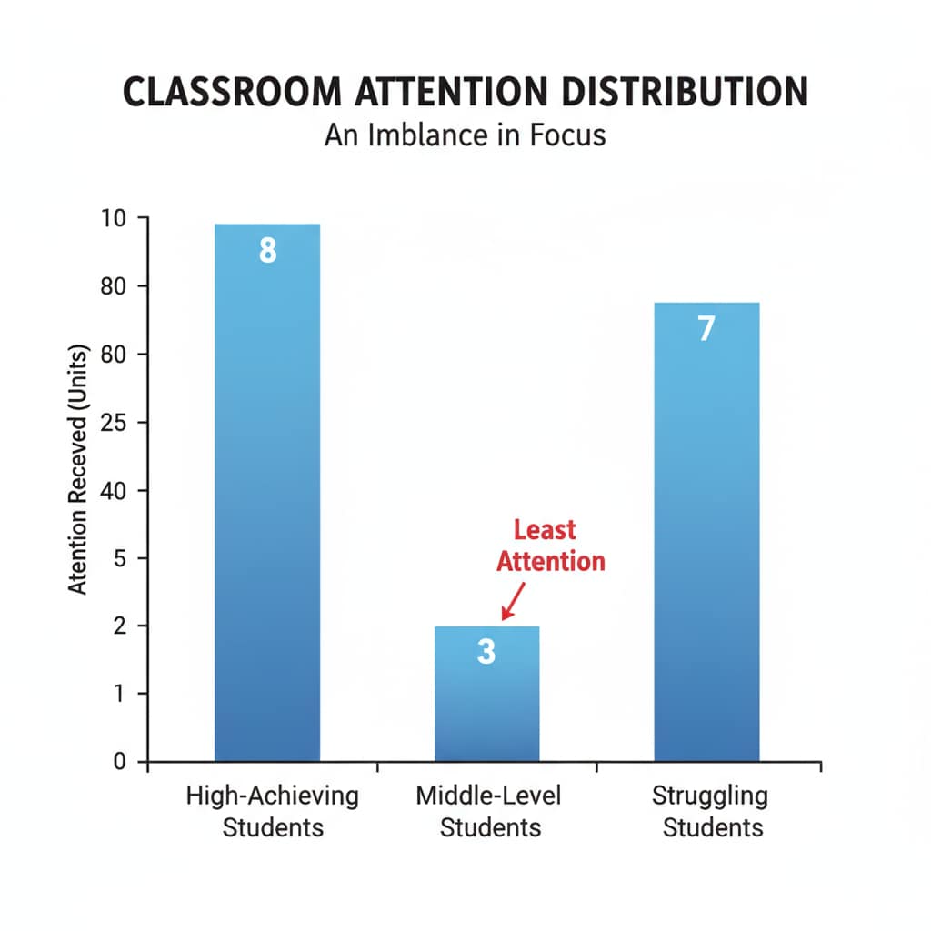 A graph with three bars representing high-achieving, middle-level, and struggling students. The bar for middle-level students has the shortest height in terms of attention received, visually depicting the imbalance in attention distribution. Graph showing the unequal distribution of attention among different levels of students in the education system