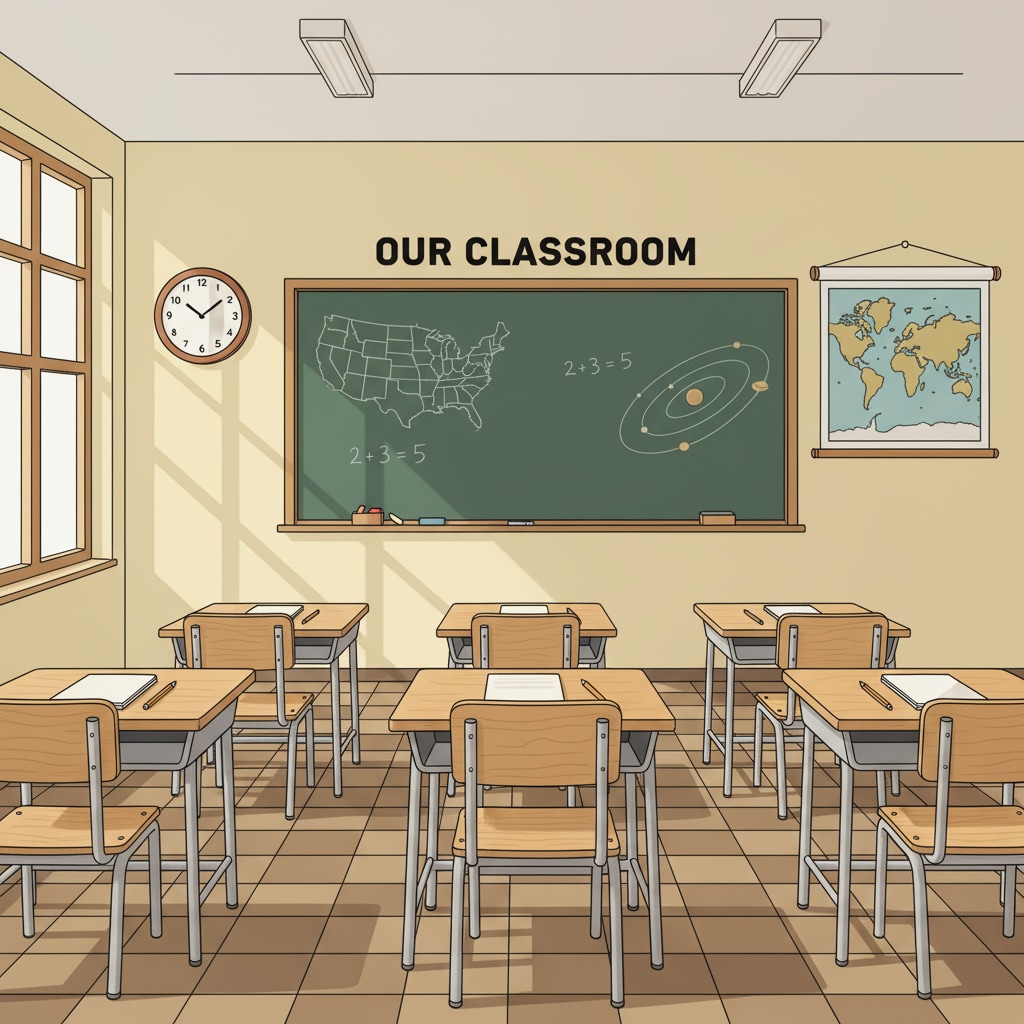 A simple classroom setting with basic desks and a chalkboard, representing the basic educational environment of the 1970s. Classroom setting related to character's limited educational background in novel writing