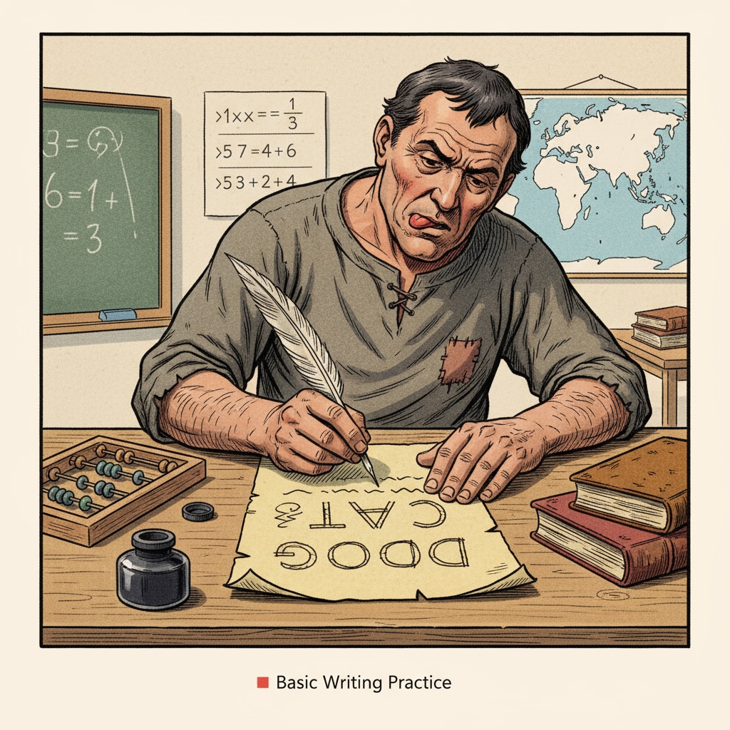 A person sitting at a table, writing with a pen on a piece of paper, showing basic writing skills which could be associated with a character of limited education. Person writing to depict basic writing skills relevant to character's educational background in novel