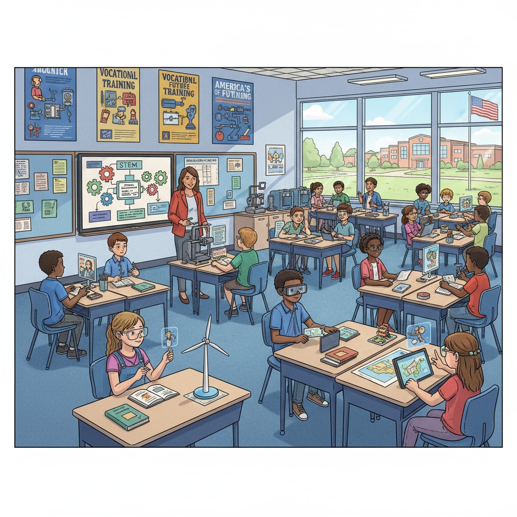 A classroom scene with students engaged in learning, representing the education system during the Trump administration's reform efforts. Classroom scene during Trump administration education reforms