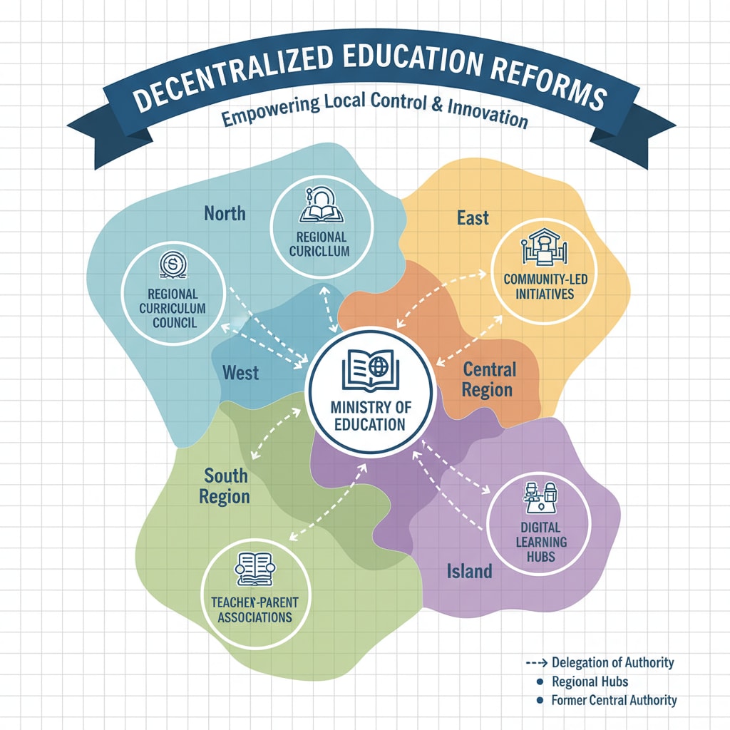 A visual representation of a map with different regions, highlighting the decentralization aspect of the education reforms. Map showing decentralization in Trump administration education reforms