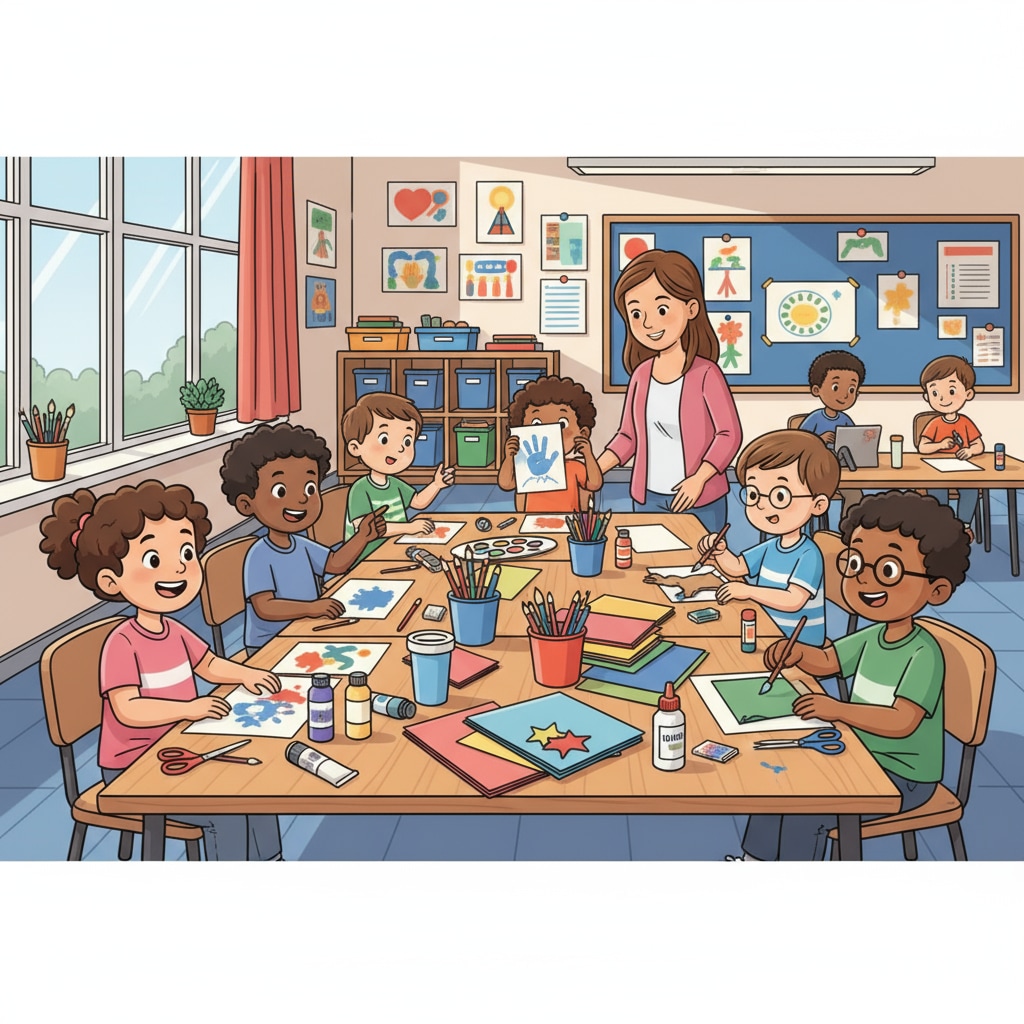 A group of elementary art students are busy working on a colorful art project. They are using various art supplies like paints, brushes, and colored papers. Elementary art students engaged in a creative project, relevant to the transition of elementary art teachers to ABA therapists