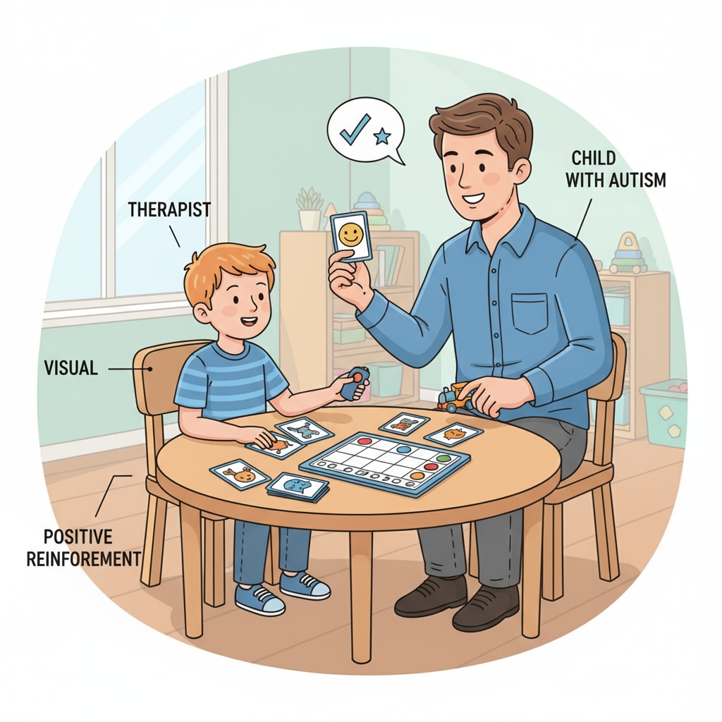 A therapist is working one-on-one with a child with autism. The therapist is using visual aids and positive reinforcement techniques during the ABA therapy session. A therapist conducting an ABA therapy session with a child, related to the transition from elementary art teacher to ABA therapist