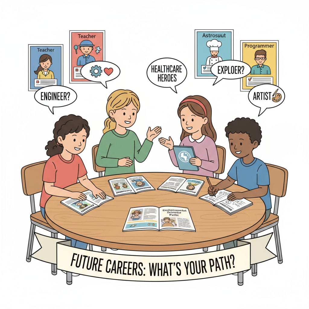 A group of K12 students are engaged in a discussion about their future career aspirations. They are sitting around a table, looking at career brochures and sharing their thoughts. K12 students discussing career planning, dream jobs, and the job market