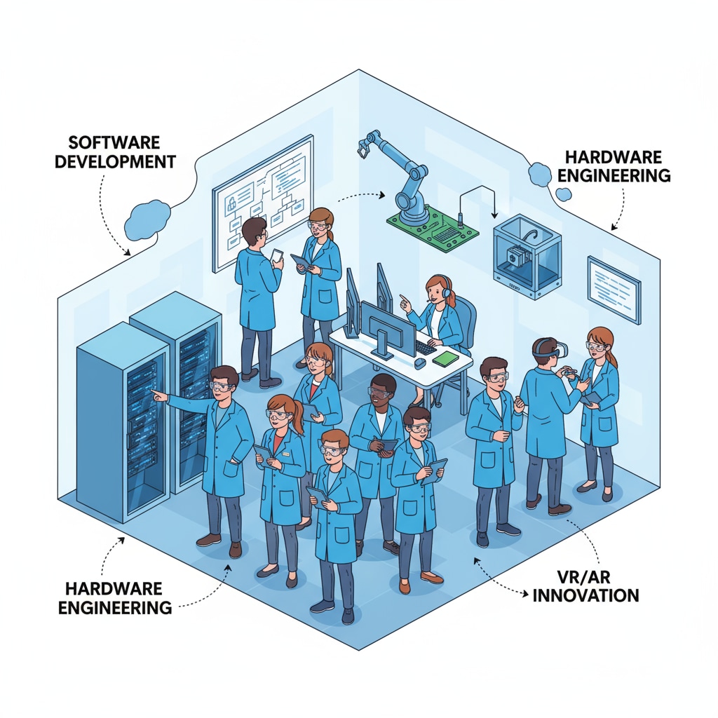 Students are on a tour of a local tech company. They are observing employees at work, asking questions, and learning about different aspects of the tech industry. K12 students exploring the job market through a field trip to a tech company related to career planning and dream jobs