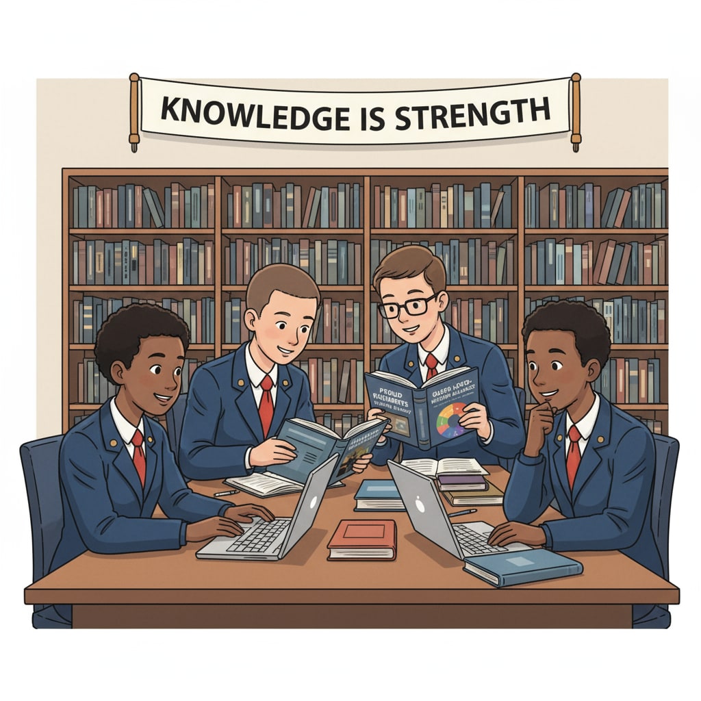 A group of students in a military school library are looking at books that deal with LGBTQ+ topics, showing an engaged and interested attitude. Students in a military school library exploring LGBTQ+ books, related to First Amendment rights.