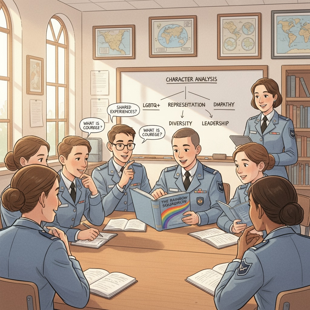 In a military school classroom, students are having a discussion about a book that features an LGBTQ+ character, promoting interaction and learning. Military school students discussing an LGBTQ+ book, highlighting educational aspects protected by the First Amendment.