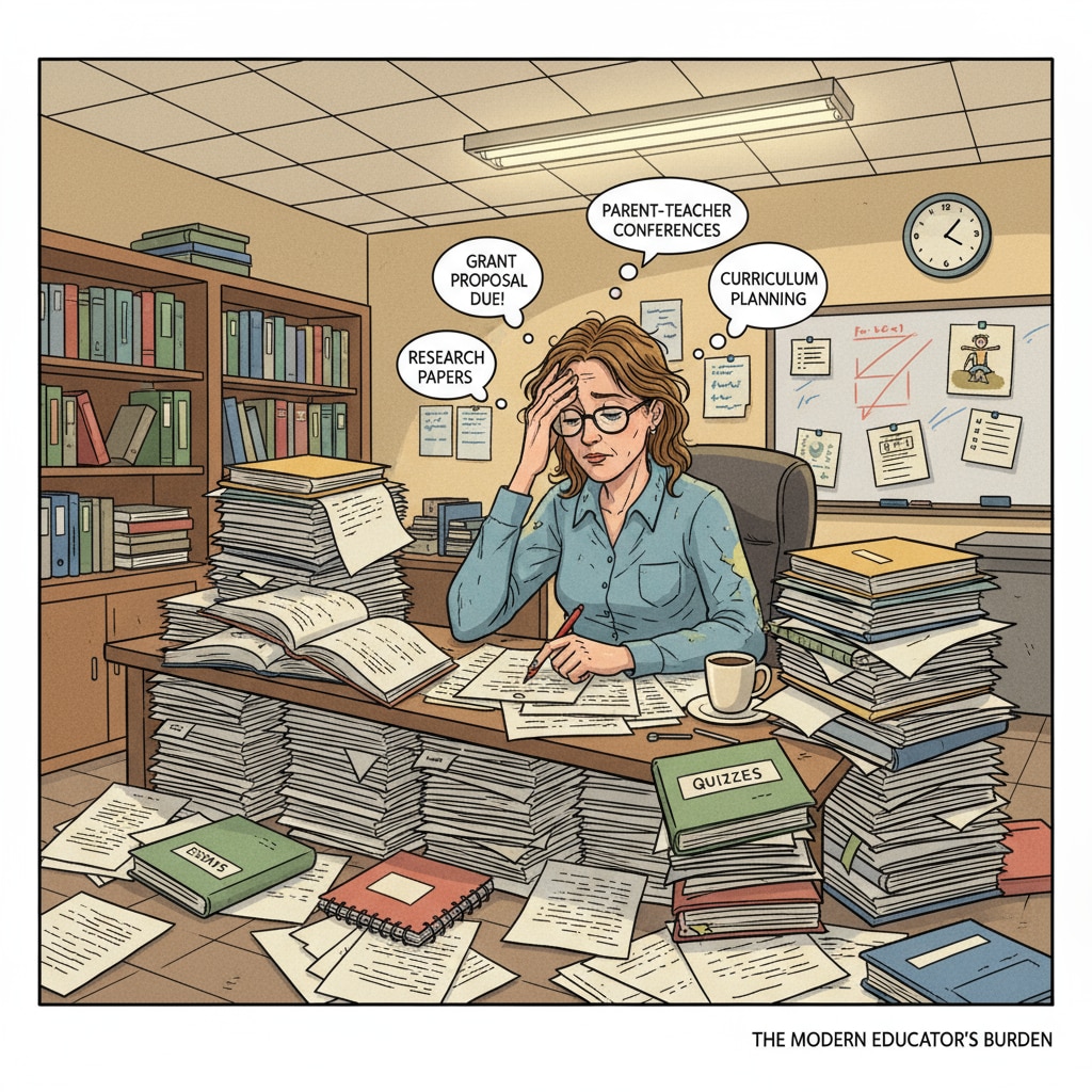 A teacher looking stressed while surrounded by piles of extra work documents in a higher education setting A higher education teacher facing unnegotiated extra work