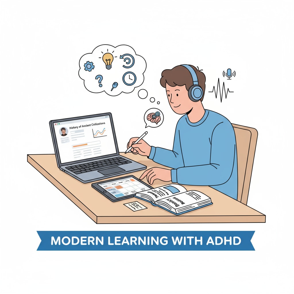 An image showing an ADHD adult using online learning and podcasts for basic education