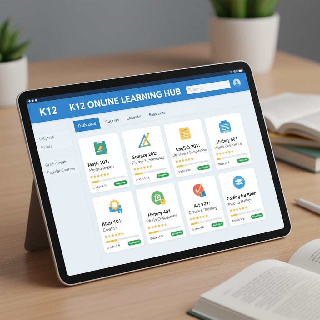 Screenshot of an online learning platform with K12 courses for basic education