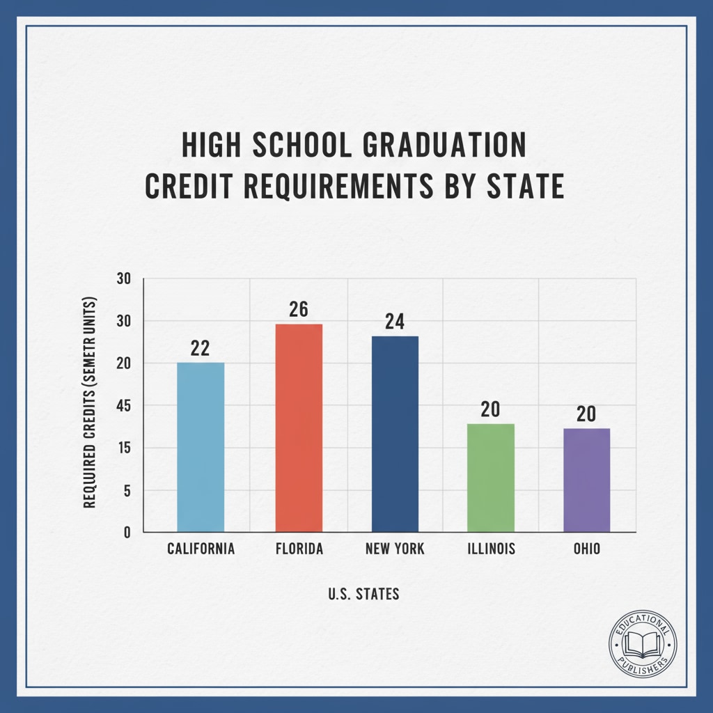 A visual representation of different states and their respective high school credit requirements, presented in a bar graph format. Graphic illustration of various state high school credit requirements for high school diploma