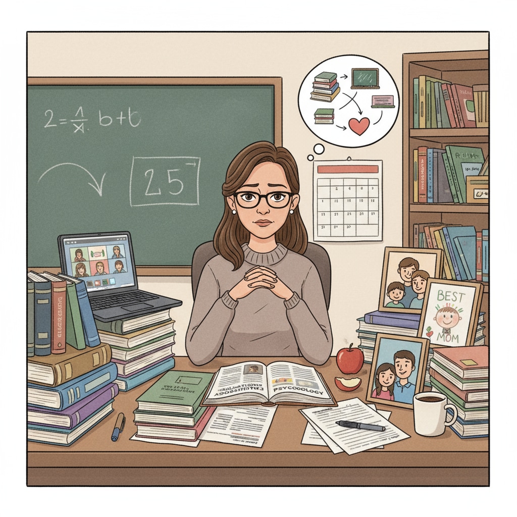 A picture showing a K12 educator sitting at a desk, surrounded by teaching materials, study books, and family photos, looking a bit overwhelmed but determined, symbolizing the juggling act of work, study, and family life. A K12 educator juggling work, study, and family life
