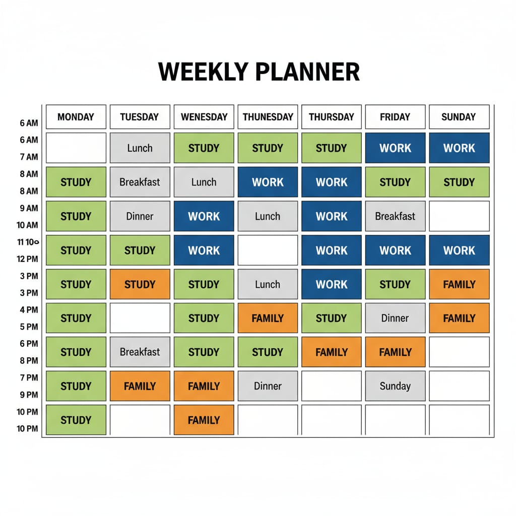 A visual representation of a weekly schedule with different colored blocks for work hours, study time, and family activities, clearly demarcated. A detailed weekly schedule for a K12 educator showing work, study, and family time