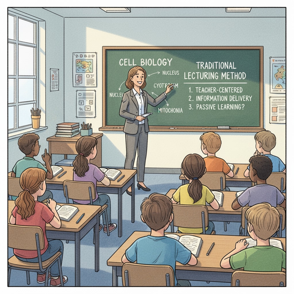 Traditional teaching method in a classroom with a teacher using a blackboard